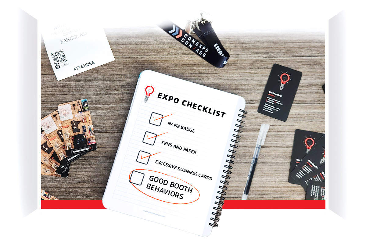 Expo checklist on a desk listing "Good Booth Behaviors"